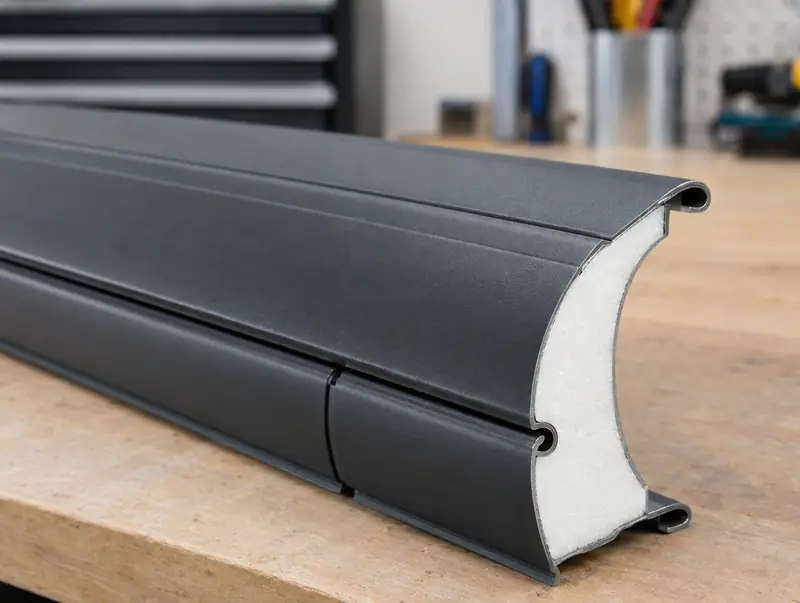 A cut-away of a foam-filled double-skin aluminium shutter lath