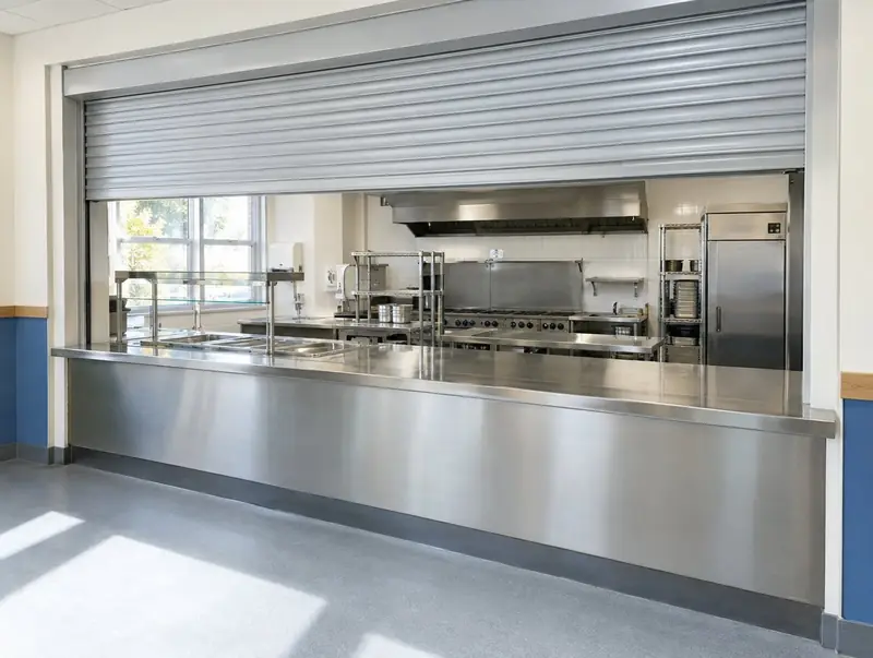 An aluminium counter shutter raised above a stainless steel school canteen servery