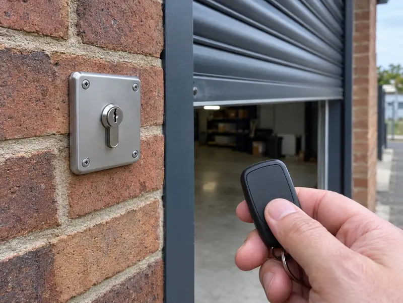 A hand holding a remote fob beside a wall key switch for an electric roller shutter