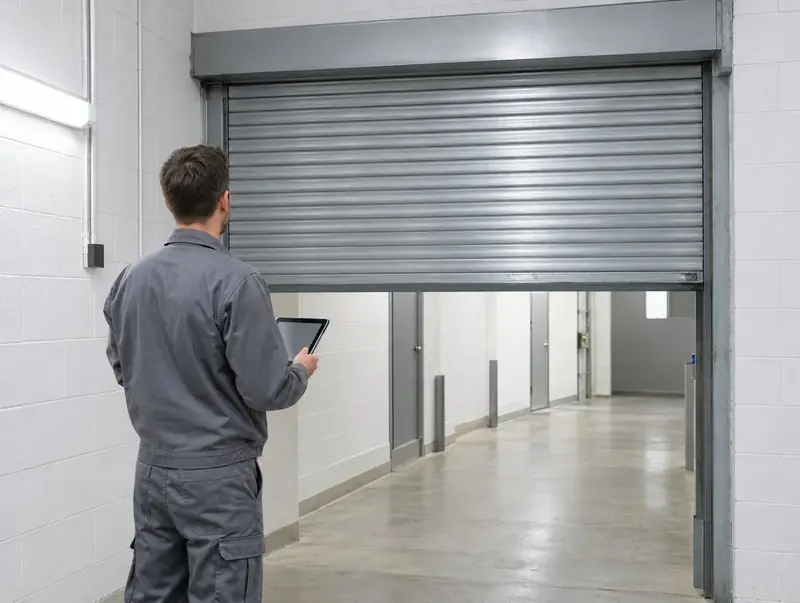 A technician with a tablet checking a fire shutter in a service corridor