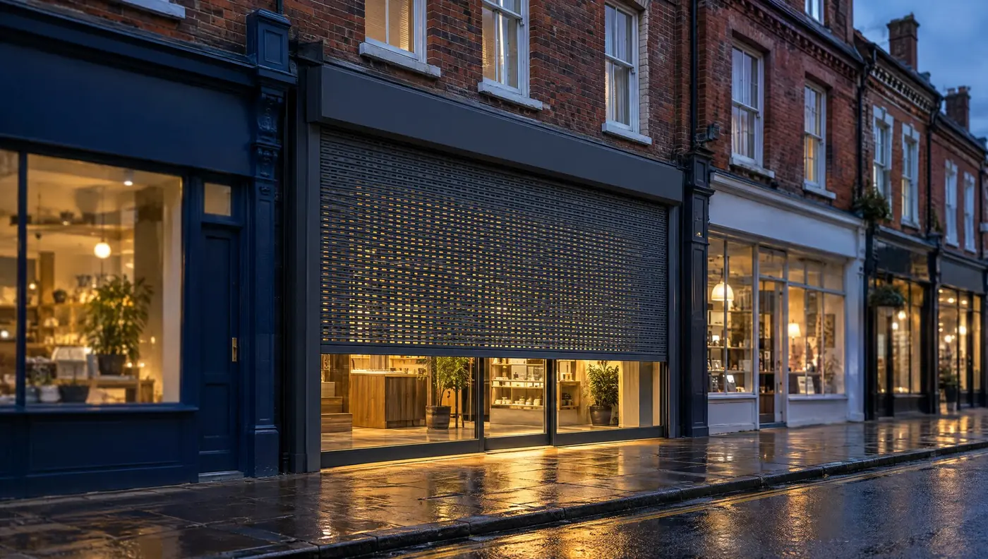 A perforated security shutter lowered over a lit shopfront on a British high street at dusk