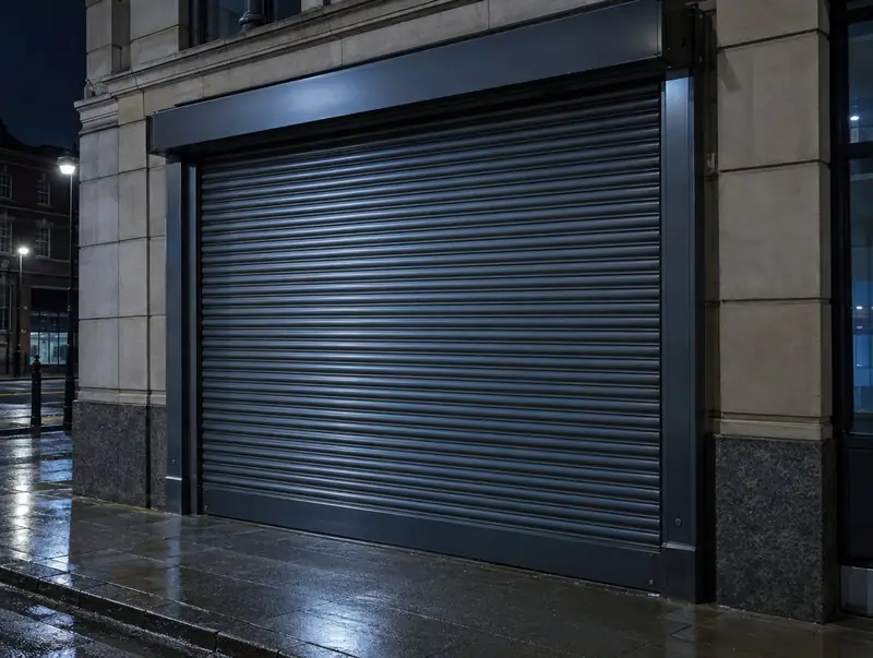 A heavy steel security shutter closed over a stone-faced commercial entrance at night
