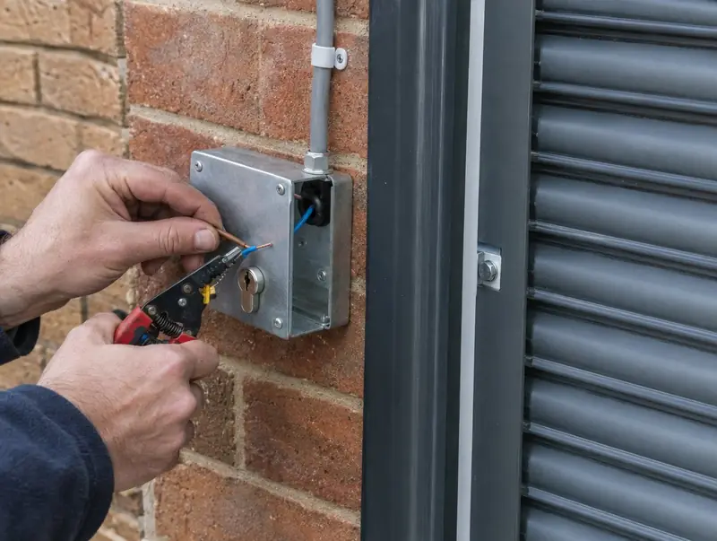 An electrician wiring a key switch box beside a roller shutter guide