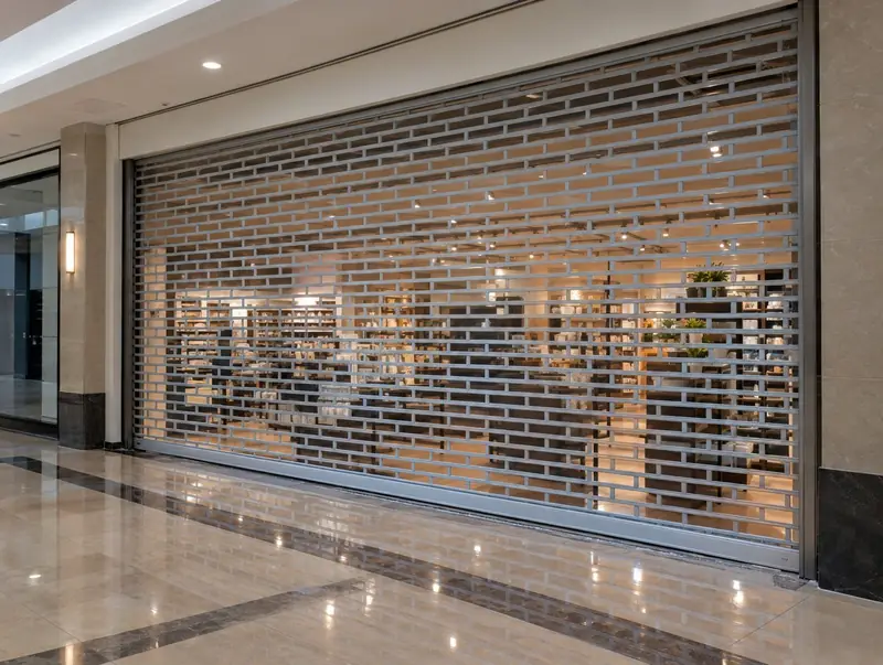 An aluminium brick-bond roller grille lowered across a shopping centre unit