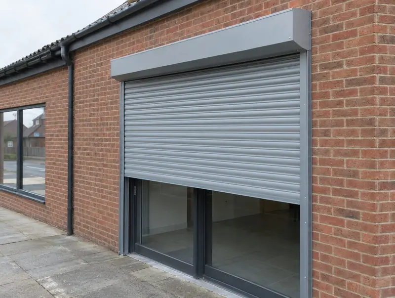 A light grey aluminium security roller shutter part-lowered over a glazed commercial unit