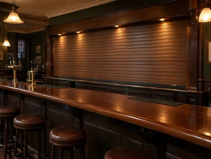 A timber-effect bar shutter lowered behind a pub counter