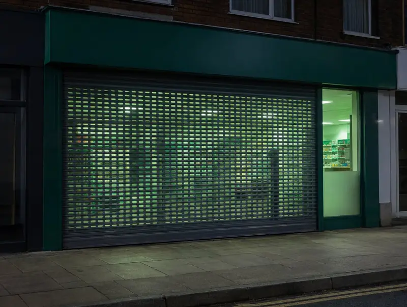 A perforated security shutter lowered over a shopfront at night with green interior light