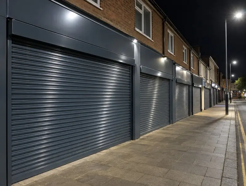 A row of shopfronts at night with anthracite roller shutters closed