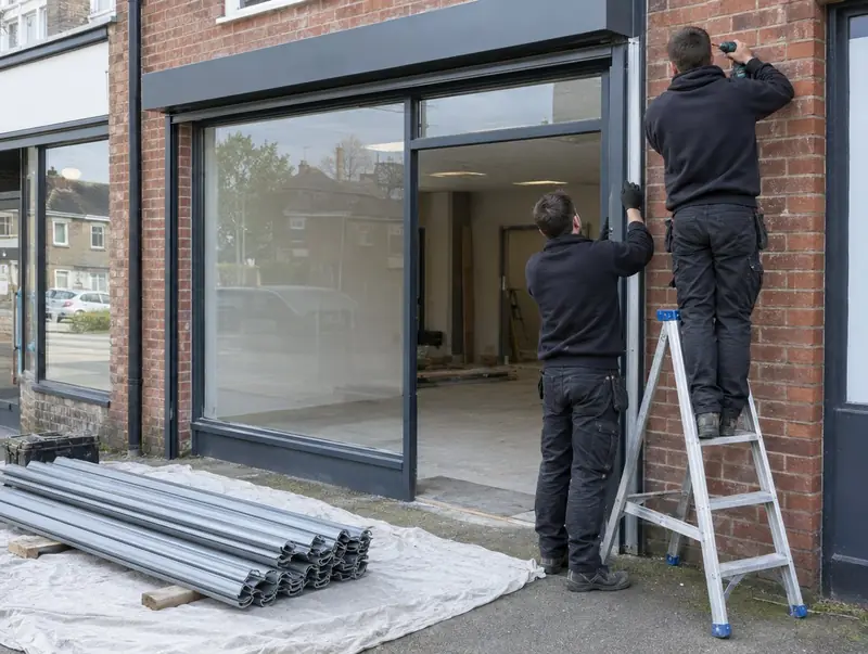 Two installers fixing a guide rail for a new roller shutter on a shopfront
