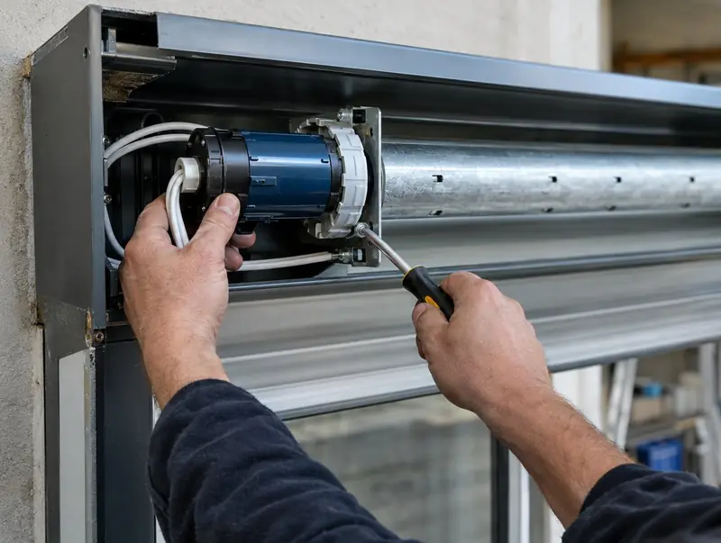 Hands fitting a tubular motor into a roller shutter barrel