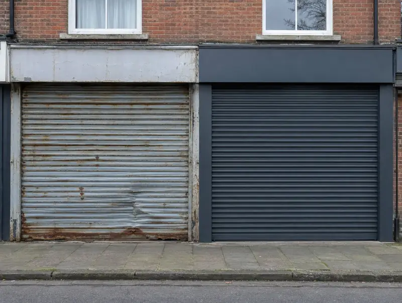 An old rusted shop shutter next to a new anthracite shutter on the same parade