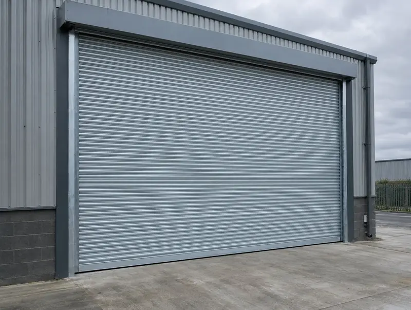 A galvanised steel roller shutter closed on an industrial unit