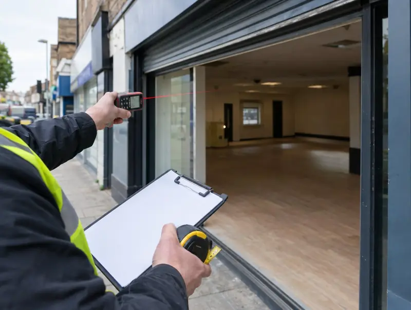A surveyor measuring a shopfront opening with a laser measure before quoting for a shutter